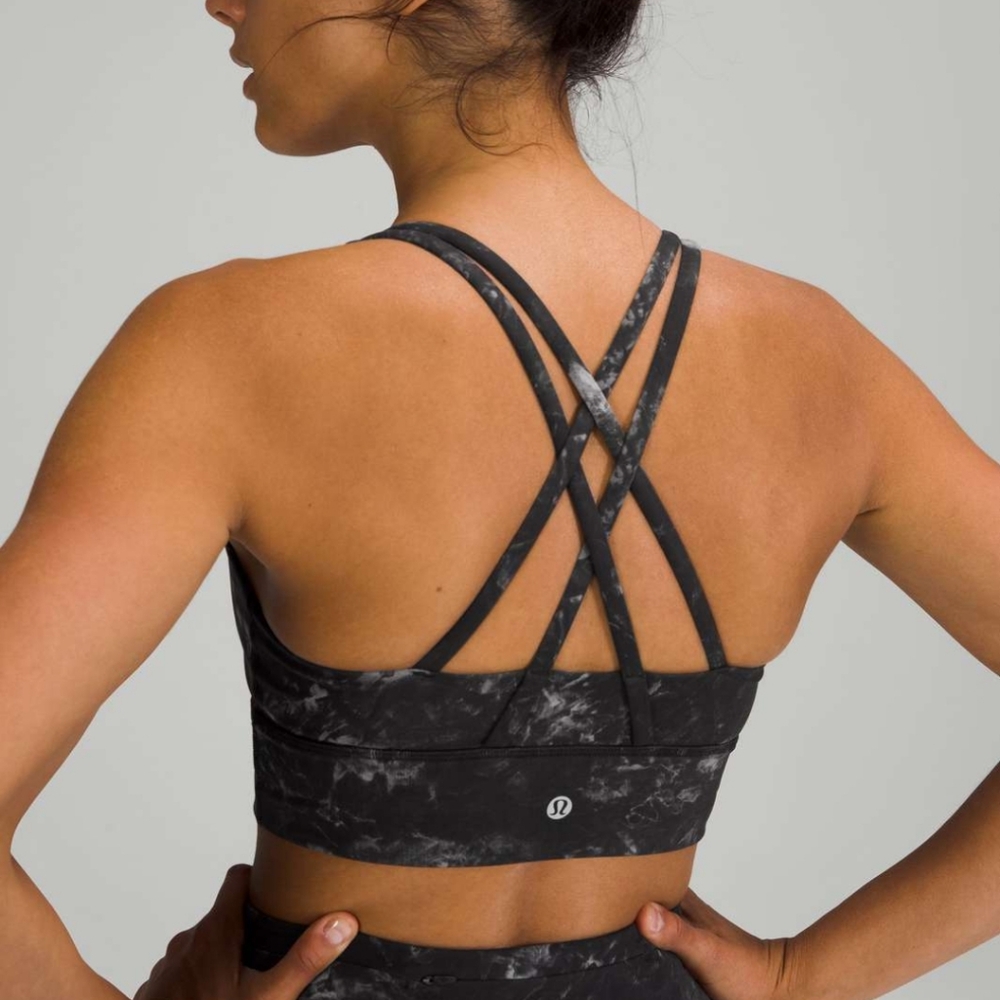 Lululemon black + graphite grey tiedye sports bra criss cross strap yoga top Sz4